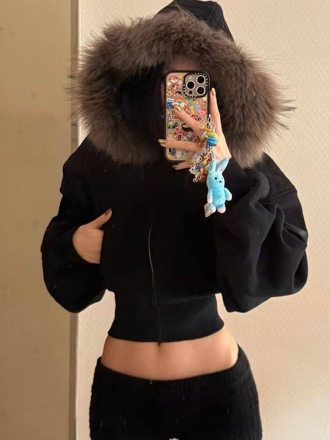 American Retro Black Fur Collar Hooded Zipper Jacket for Women, Autumn and Winter Fleece-Lined Design, Warm Short Cardigan 9b