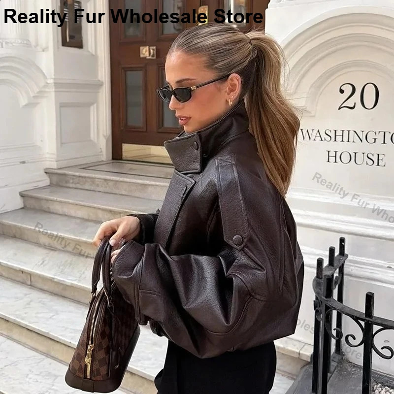 Women Leather Jacket Chic Streetwear Loose Fit Women's Oversized Leather Jacket Classic PU Leather High Quality Zipper Pockets 260916
