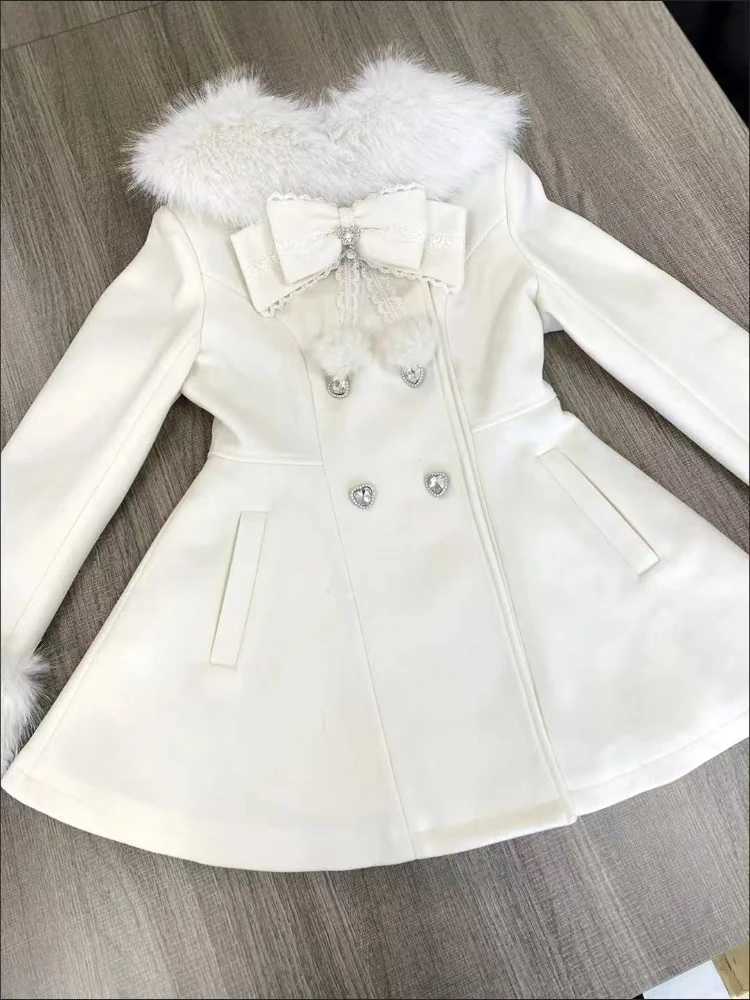 Autumn Winter Japanese Elegant Kawaii Coat Women Faux Fur Collar Long Sleeve Tops Casual Lolita Bow Button Warm Sweet Jacket New C260917