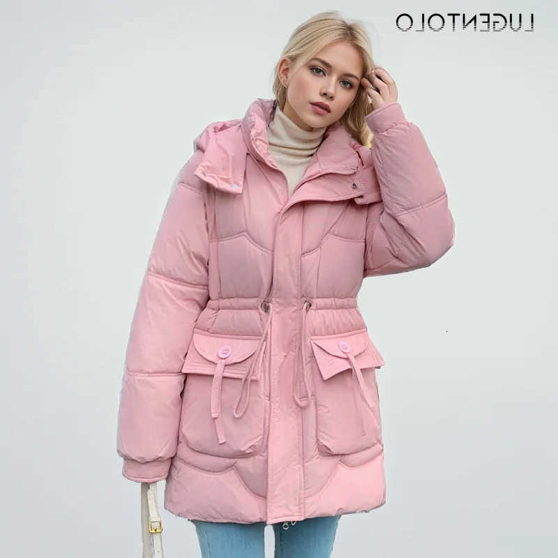 Drawstring Women Fall-Winter Midi Parkas Cinched Waist Down Cotton Thermal Coat Fashion Hooded Quilted Thickened Everyday Jacket H260917