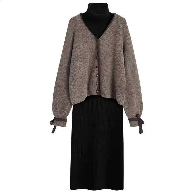 Feeling 2024 Design Autumn/Winter New Lazy and Loose V-neck Sweater Coat Women's High Neck Knitted Dress Two Piece SetW260915