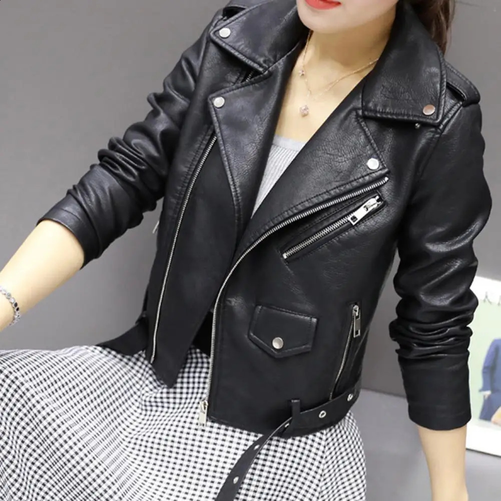 Autumn Winter Faux Leather Jacket for Women Turn-down Collar Zip-up Zipper Rivet Decor Motorcycle Jacket Coat Outerwear 260916