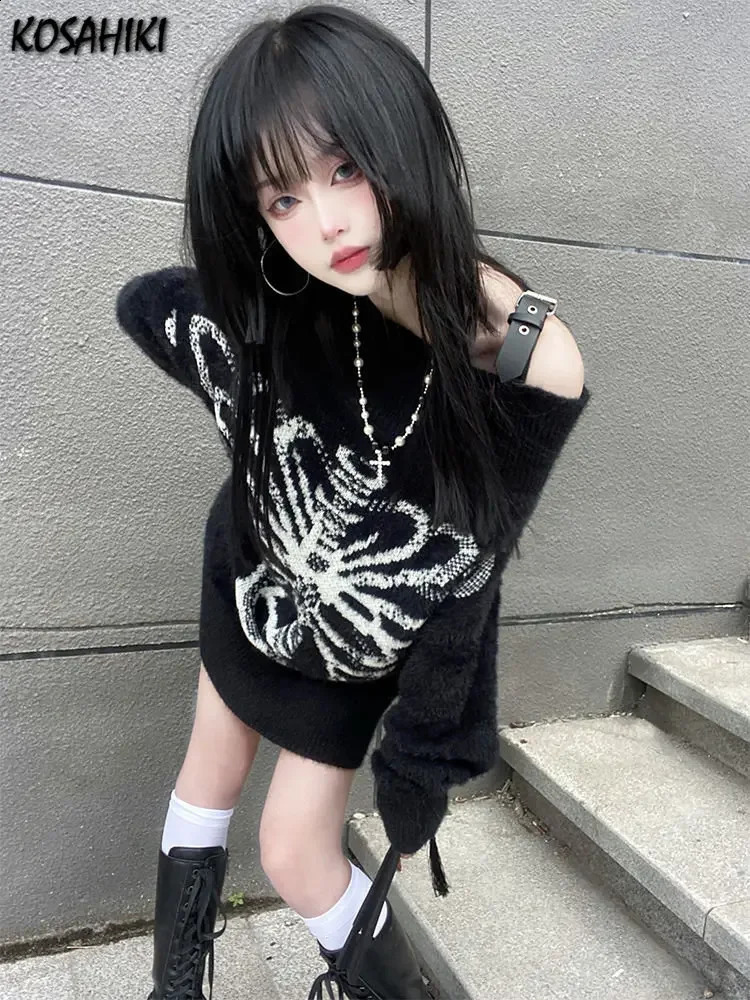 KOSAHIKI Grunge Sweater Fashion Streetwear Y2k Aesthetic Blackpullover Skull Print Gothc Women Jumper Harajuku Loose Knitwear 260917