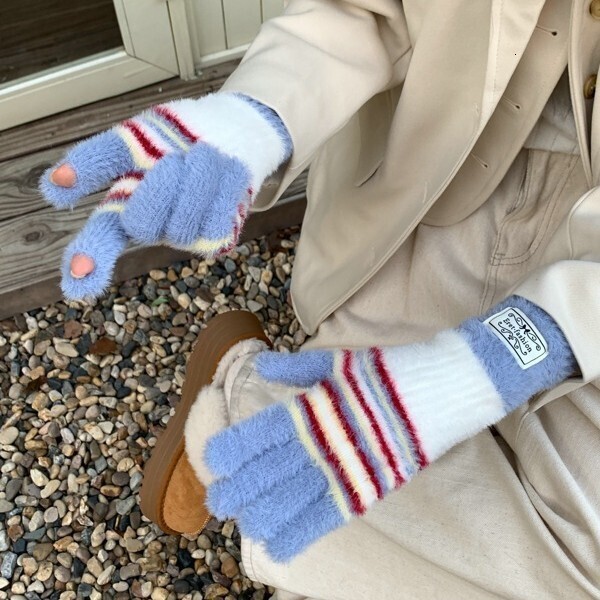 Soft comfortable dopamine-colored striped fingerless gloves women, suitable autumn winter, versatile, touchscreen compatible, and perfect for studen