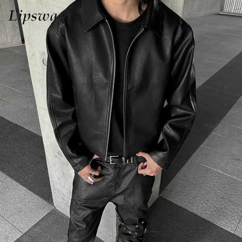 Trendy Zip-up Turn-down Collar PU Leather Coat Men Clothing Classic Solid Color Leather Jackets For Men's Fall Vintage Outerwear 260916