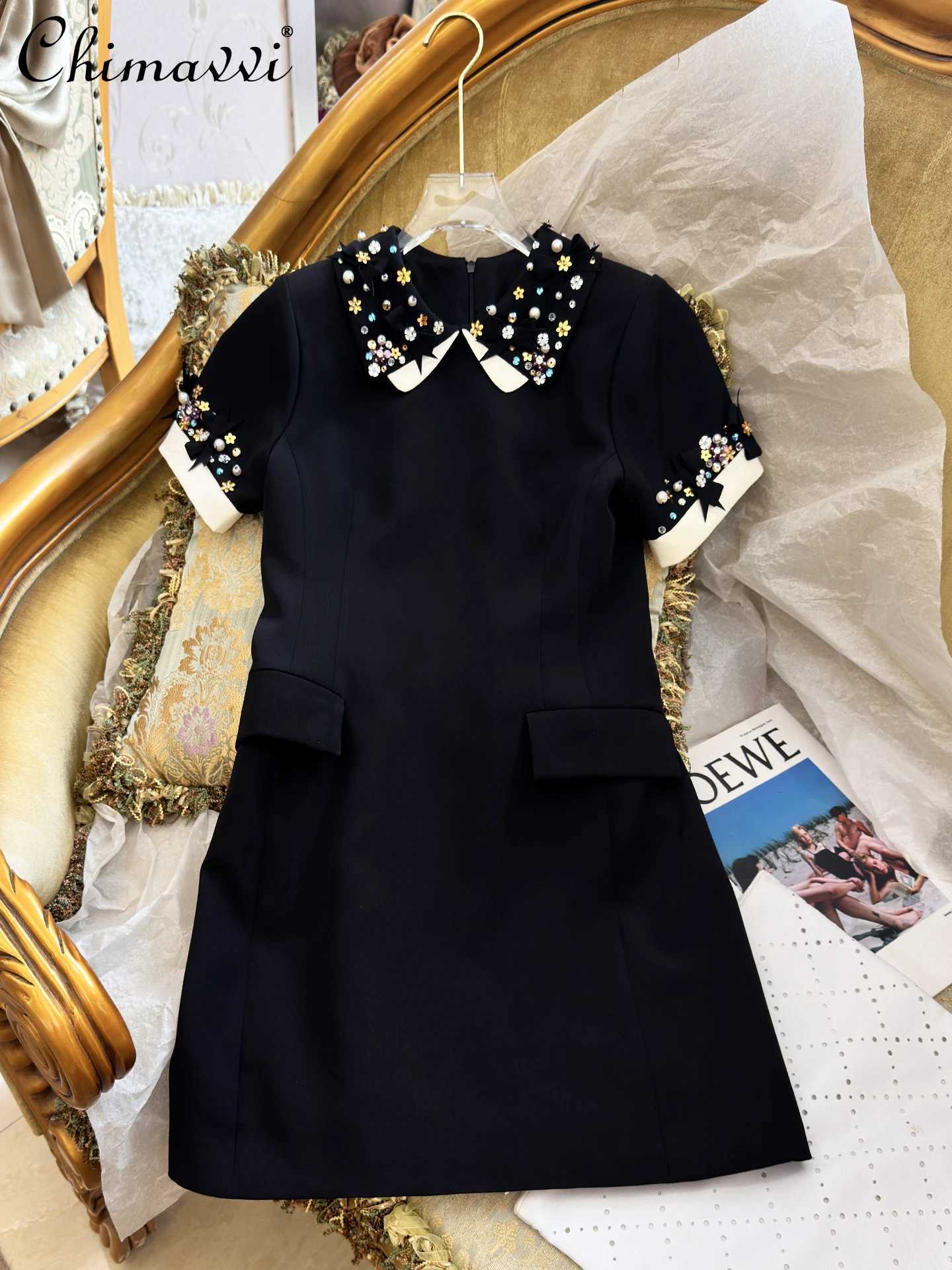 Elegant Sweet French Socialite Beaded Bow Doll Collar Puff Sleeve High Waist Slim A-line Temperament Black Short Dress Women C260917