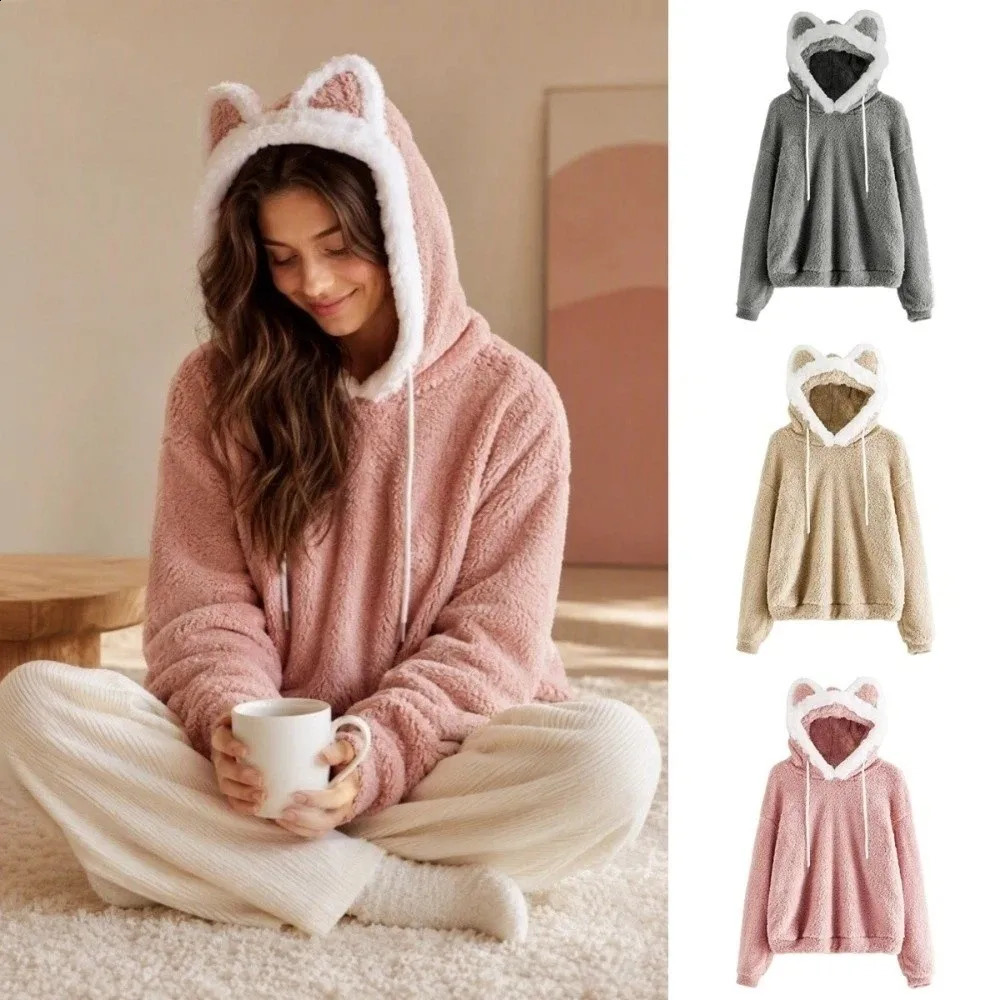 Long Sleeve Cat Bear Ear Hoodies Outwear Fuzzy Plush Pullover Clothes 3D Animal Fleece Sweatshirt Autumn Winter 260917