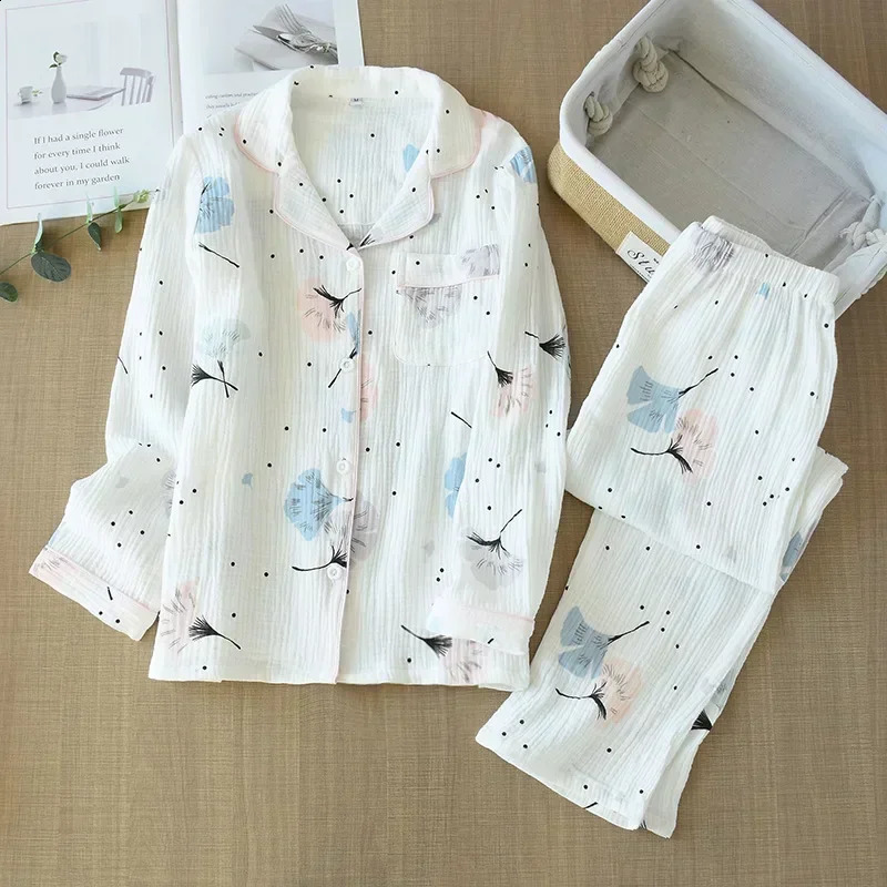Large Size Pajamas Women Cotton Crepe Home Service Cotton Long Sleeve Trousers Suit Simple And Comfortable Summer And Autumn 260916