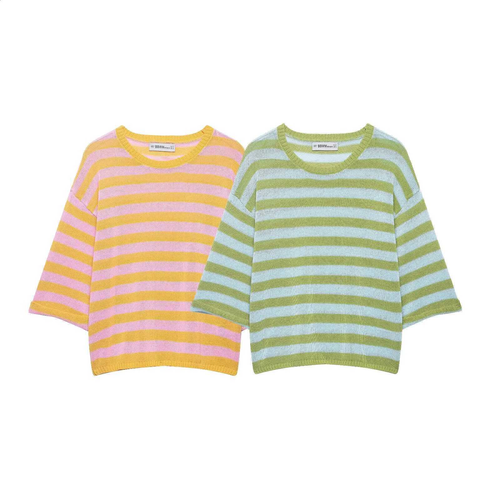 and American style European summer new women's clothing simple round neck over elbow sleeves casual striped knitted top J260916