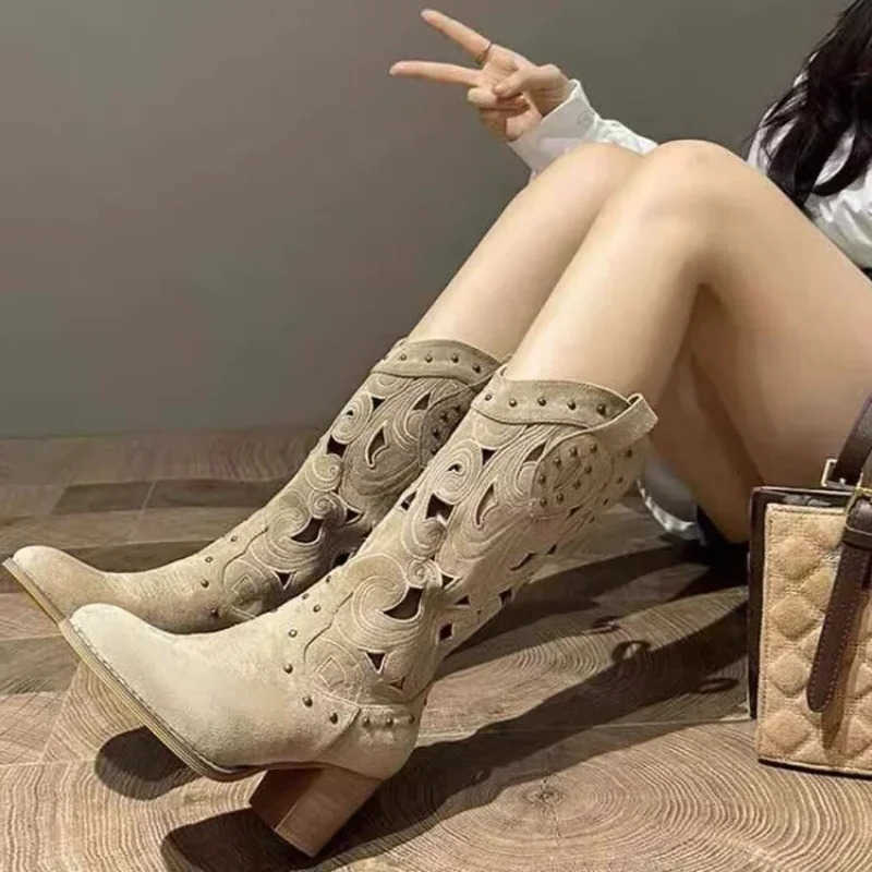 Boots Western Women Heels Mid-Calf Embroidery Hollow Boots for Women Autumn Winter fashion PU Leather Botas Mujer 2024 D260917