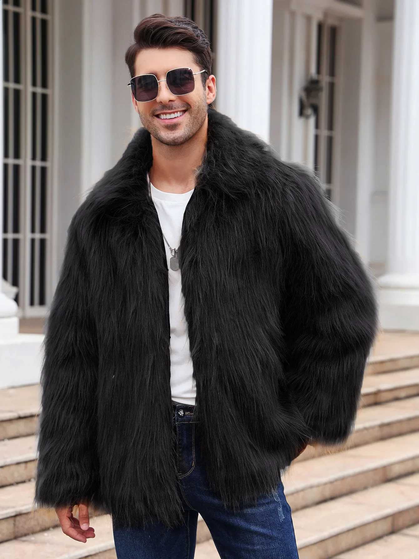 Faux Fur Jacket Coat Men Winter Thick Fluffy Long Sleeve Lapel Warm Shaggy Outerwear Fur Jacket Bontjas Jackets Mens W260915