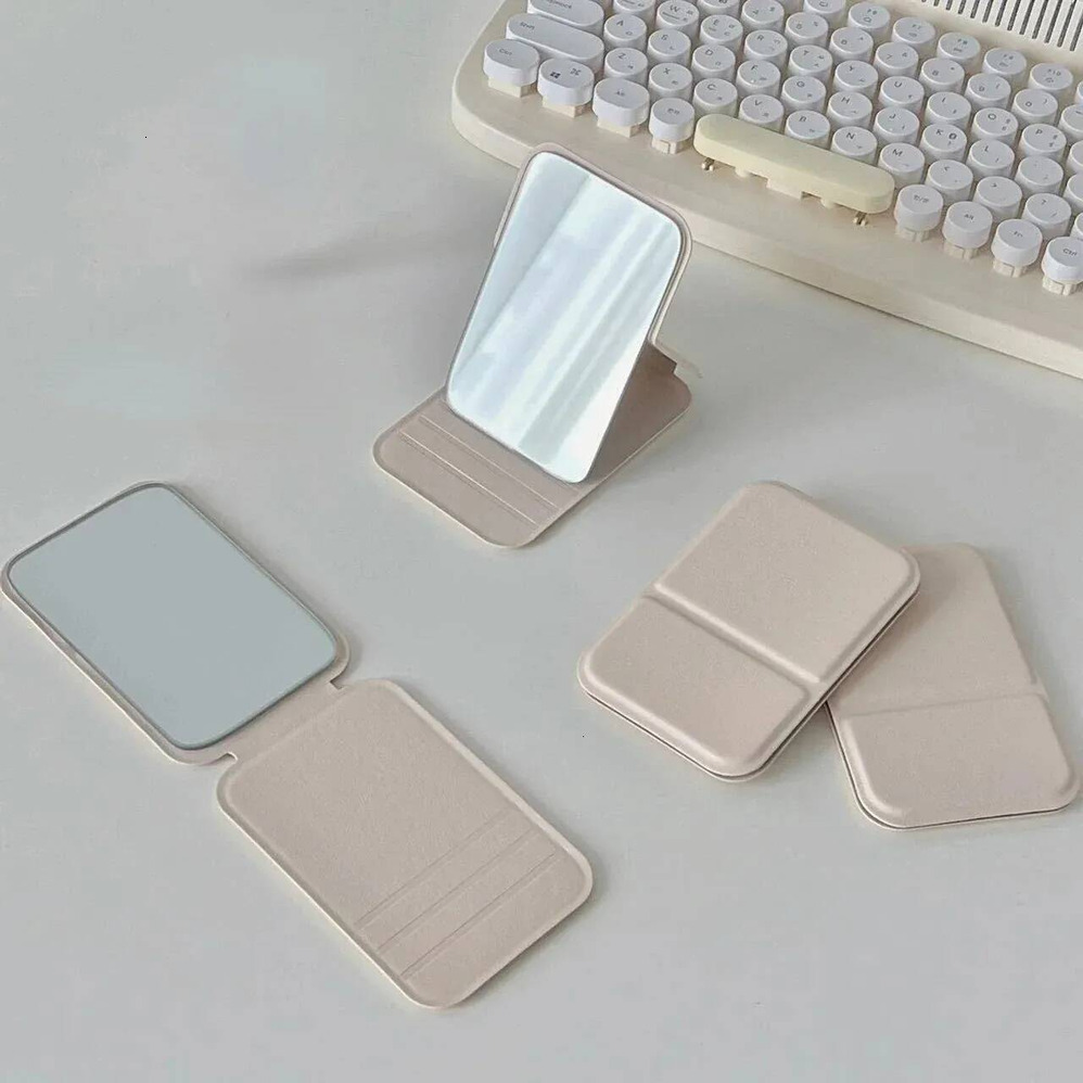 Luxury Desktop Solid Color PU Leather Simple Portable Handheld Makeup Foldable Student maquillaje Compact Cute Pocket Mirror Free Shipping 002