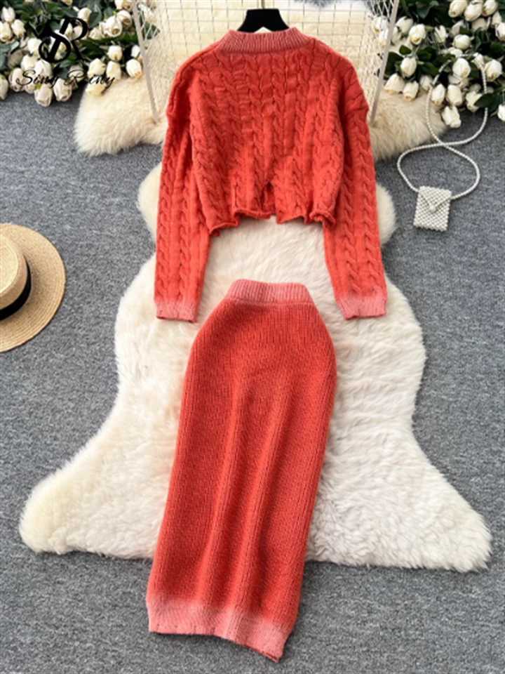 Sweater SINGREINY Winter Thick Warm Suits O Neck Short Pullover+Bodycon Long Skirt Women Korean Gradient Twist Drill Knit SetsW260915