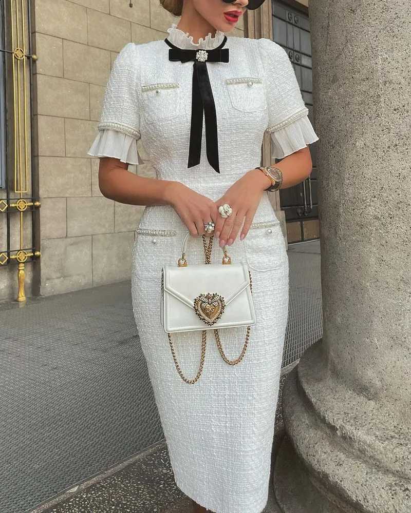 Womens dresses Elegant New Slim Round Neck Short Sleeves Bow Ruffle Hem Beaded Formal Fragrant Breeze White Dress vestidos C260917