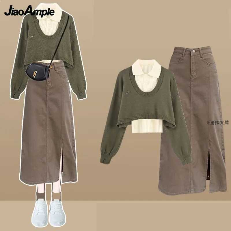 Vintage Women Spring Autumn New Knit Sweater+Vest+Denim Midi Skirt 3-piece Suit 2025 Korean Elegant Pullover Dress Matching SetW260915