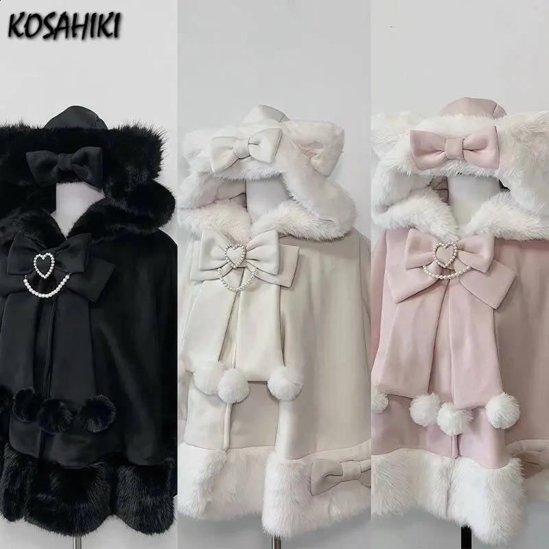 Japanese Lolita Sweet Cats Ears Hooded Cloak Jackets Women Y2k Aesthetic Furry Patchwork Coat Harajuku Sweet Bow Loose Jacket 260917