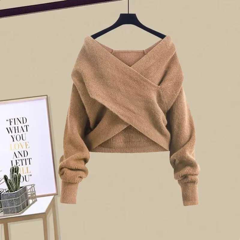 Autumn Winter New Fashion Women's Dress Matching Set 2026 Korean Elegant V-Neck Knit Sweater+Sexy Long Skirt Two-piece SuitW260915
