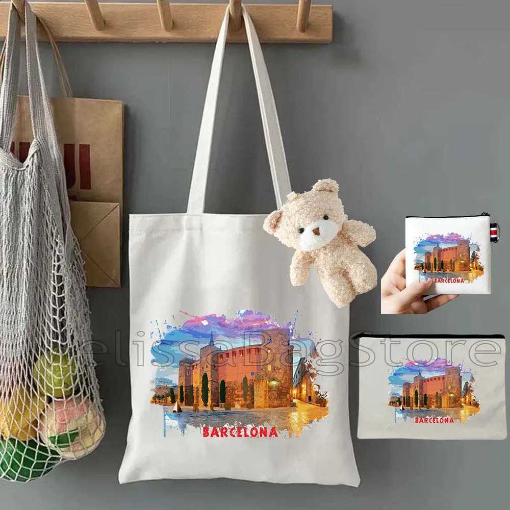 4PCS Gifts Set Barcelona Spain White Canvas Tote Bag Handbag with Doll Key Coin Purse Cosmetic Makeup Toilet Bag Case Pouch H260916