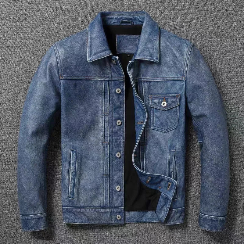 2023 Leather Jacket Men's SingleBreasted Denim Blue Retro Old Motorcycle SlimFit Lapel Coat 260917