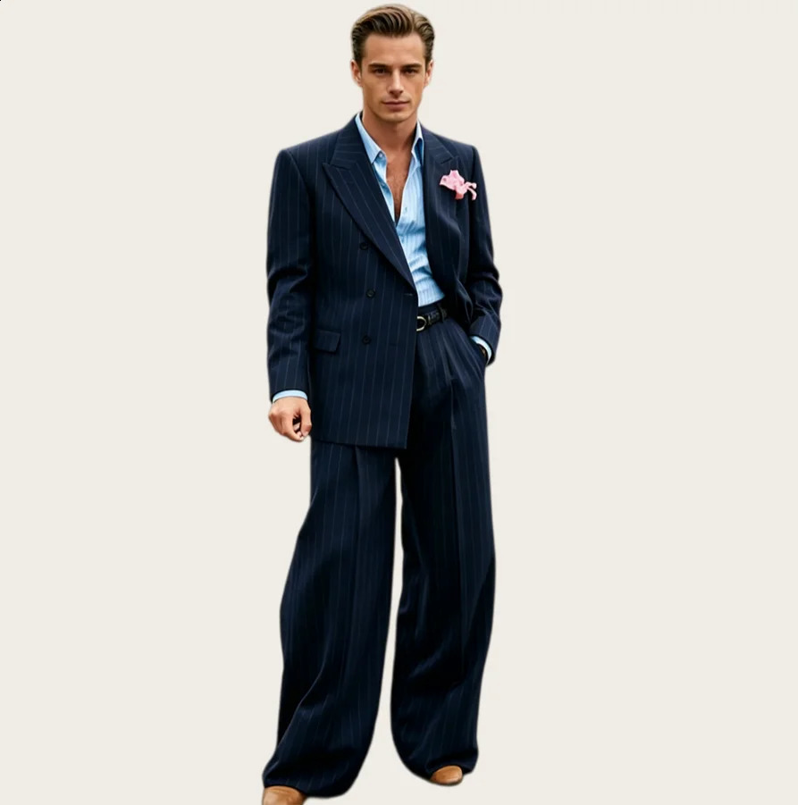 Vintage Mens Suits Wide Leg Pants Pinstripe Tuxedo 2 Pieces Double Breasted Peaked Lapel Casual Office Business Customized 260914