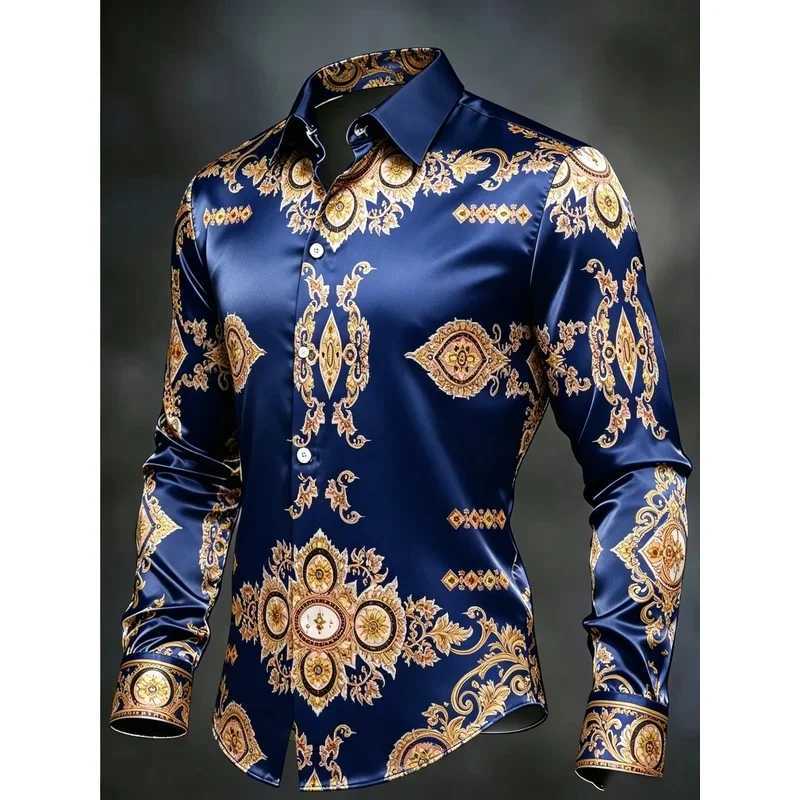 New Golden Phoenix Wave Flame National Style Printed Long Sve Shirt with Shiny Satin for Men's Top Clothing Q260917