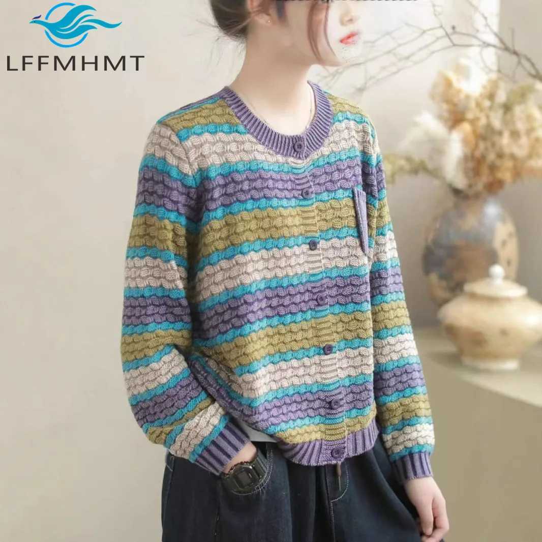 Spring Fashion Women's Striped Sweater Good Quty Long Slve O-neck Vintage Knitted Cardigan Female Loose Casual Cotton Coats S260917X89Q