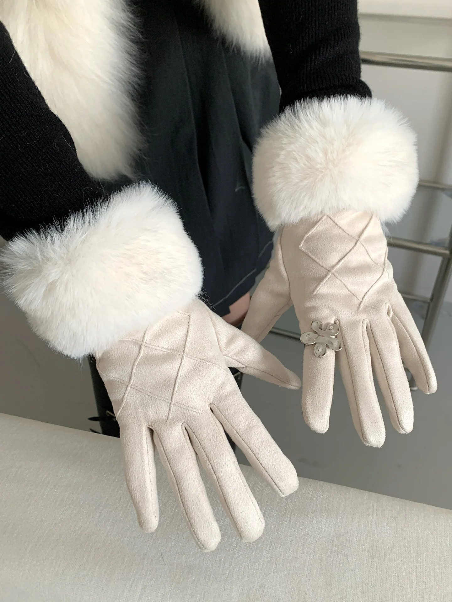 Faux Fur Lined Gloves For Women Winter Touch Screen Glove With Thickened Fleece And Warm Fingertip260915