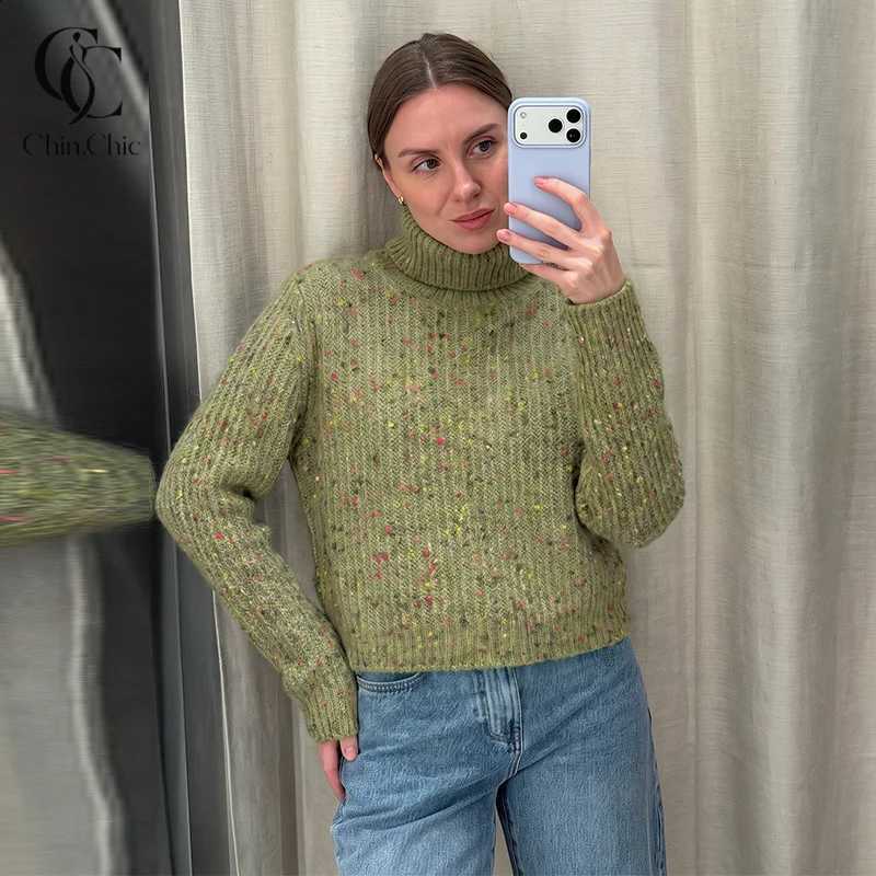 Sweater Women's Knitted Cropped Confetti Speckled Yarn Ribbed Turtleneck Pullover Loose Vintage Jumper Autumn Winter Casual Tops J260916