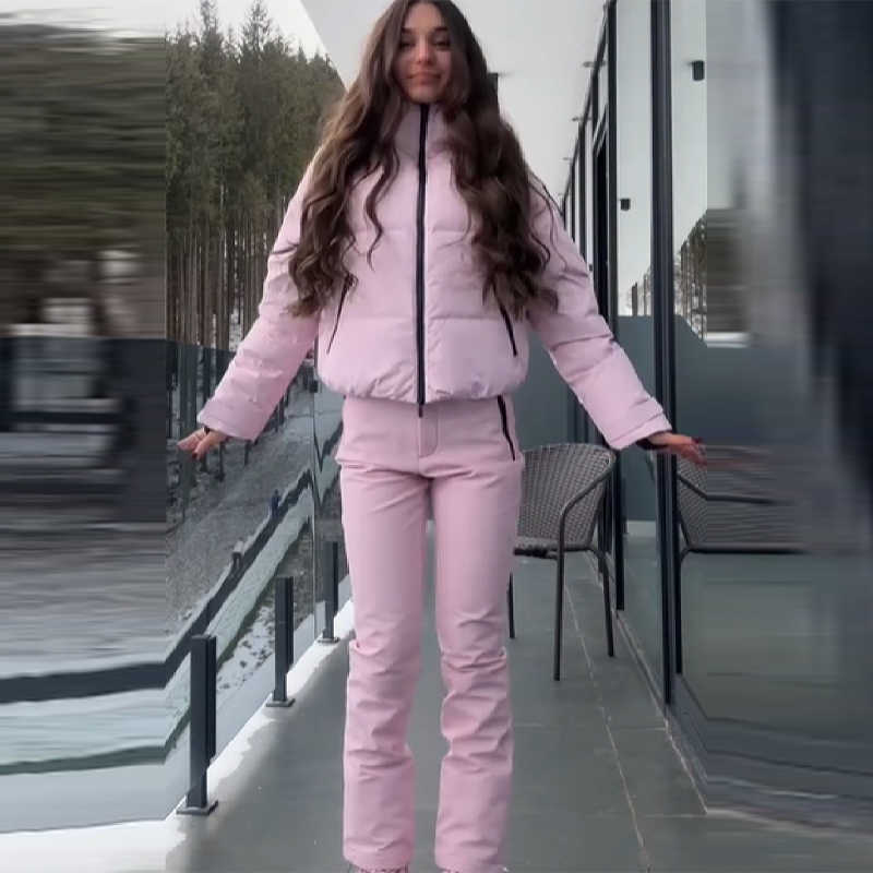 Pink Thicken Warm Women's Skiwear High Collar Hooded Cotton Padded Coats Straight Leg Zipper Pants 2025 New Winter Lady Ski Suit H260917