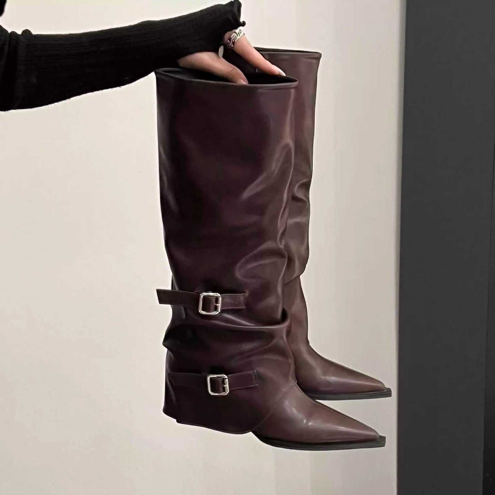 Woman Heel Vintage Long Thick Boots Shoes Spring Autumn Ladies Elegant Belt Knight Botas D260917