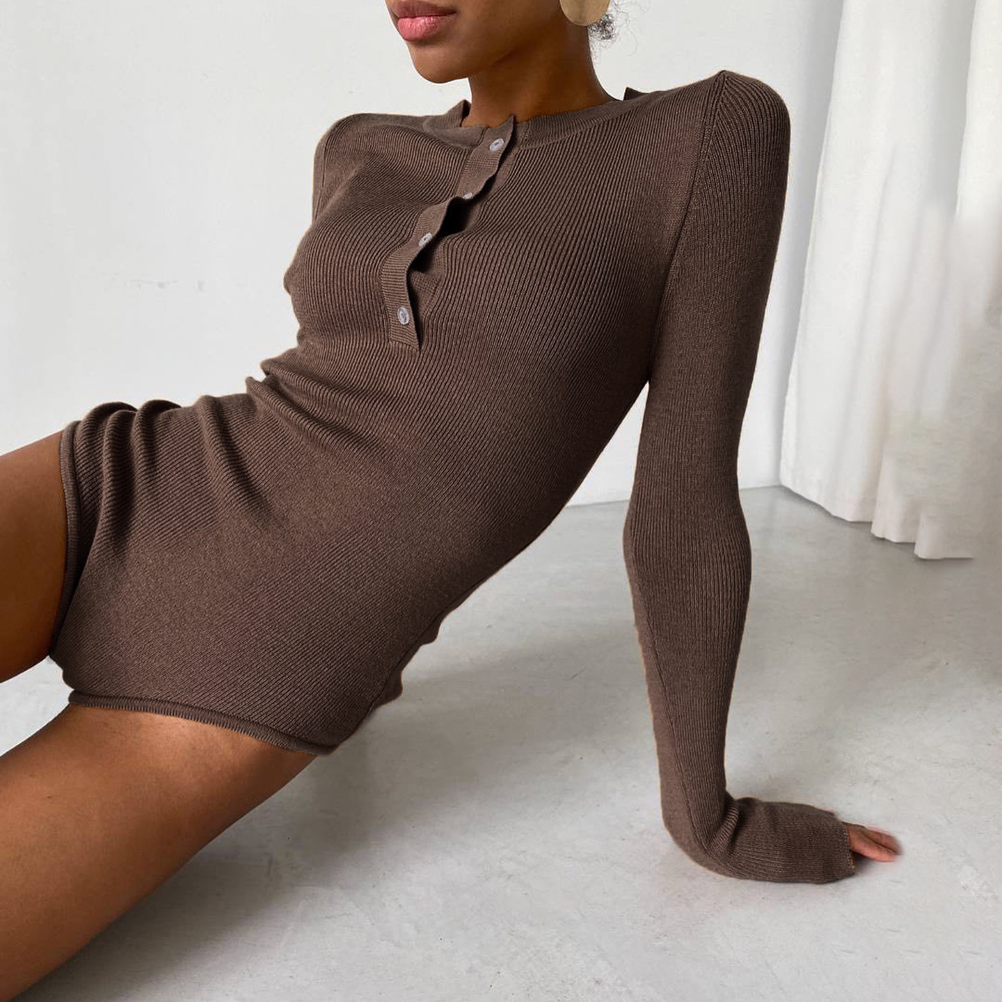 cross-border new women's autumn and winter solid color workwear top, round neck, button-down, slim-fit, knitted long-sleeve jumpsuit 23