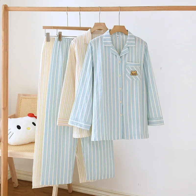 2026 Spring/Summer Japanese Women's Striped Pajama Set 100% Cotton Long Sleeve Long Pants Two Piece Set Thin Home Clothing 260916