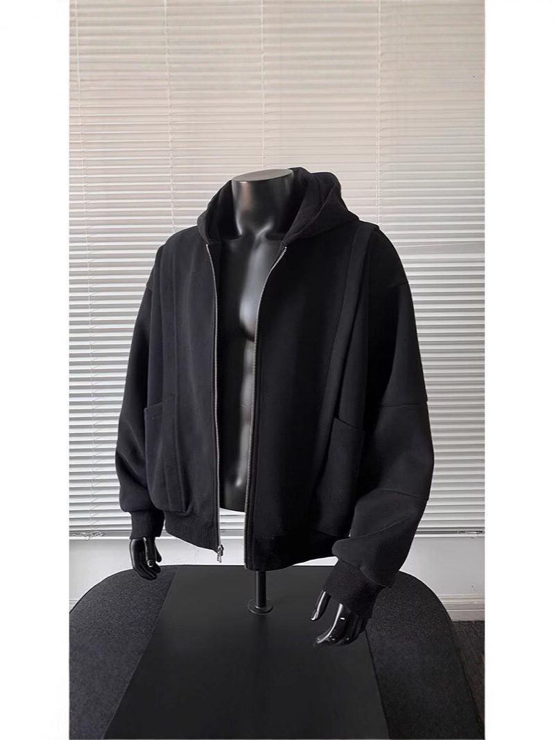 Cross border direct sales men s short sweatshirt for autumn and winter g heavy duty stiff American style zip up jacket deconstructed patchwork hoodi