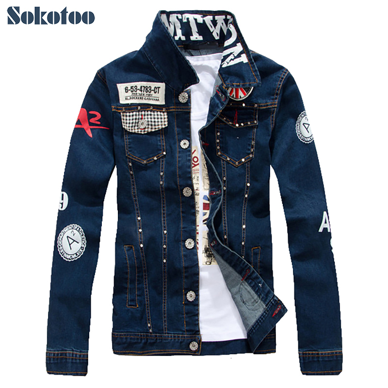 Sokotoo Men's slim English flag patch design rivet jean jacket Casual dark blue washed denim coat Outerwear 26Y0917
