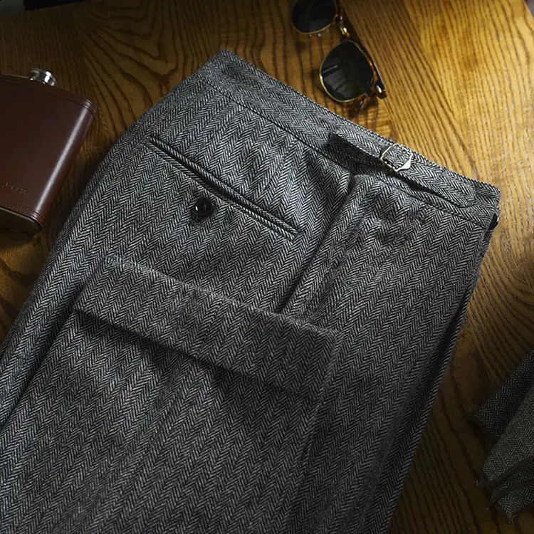 2026 Autumn Winter Men Trousers Long Pants Wool Tweed Classic Office Straight Male Retro Herringbone Business Suit Pant Q16 260917