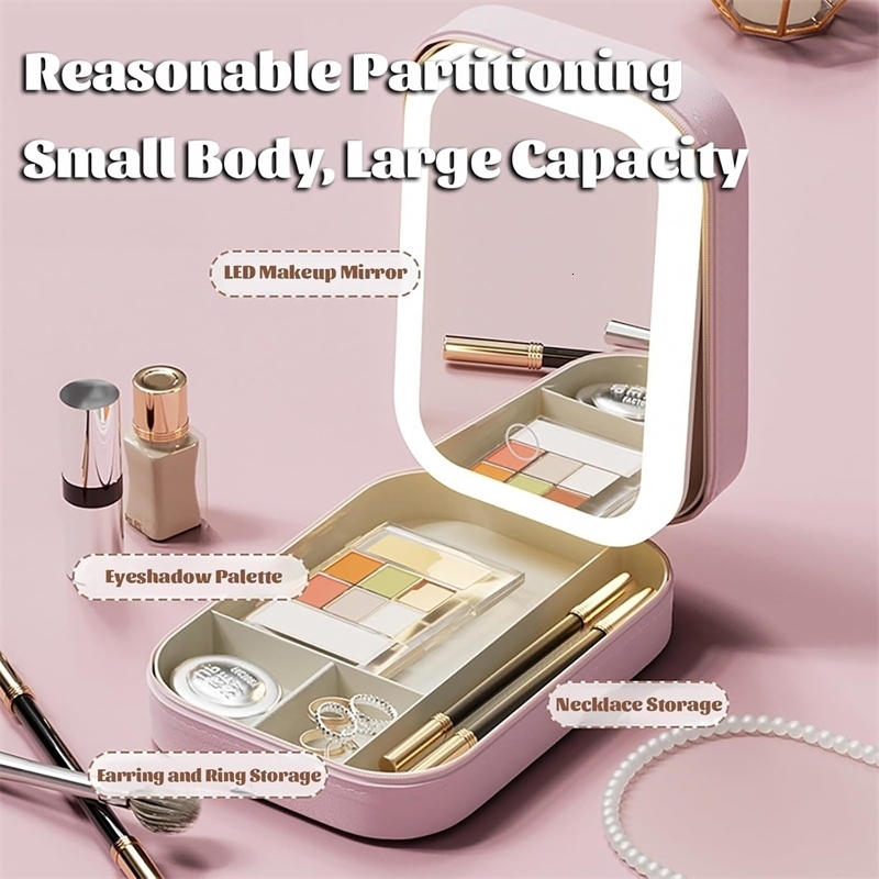 Travel PU Makeup Bag With LED Mirror And Light Mirror Adjustable Brightness Smart LED Cosmetic Case Portable Gift For Girl Women 260916