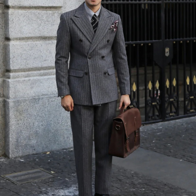 Thick Style Stripes Herringbone Pattern Mens 2Piece Suit DoubleBreasted Slim Fit Jacket Trousers Vintage Braze Suit 260916