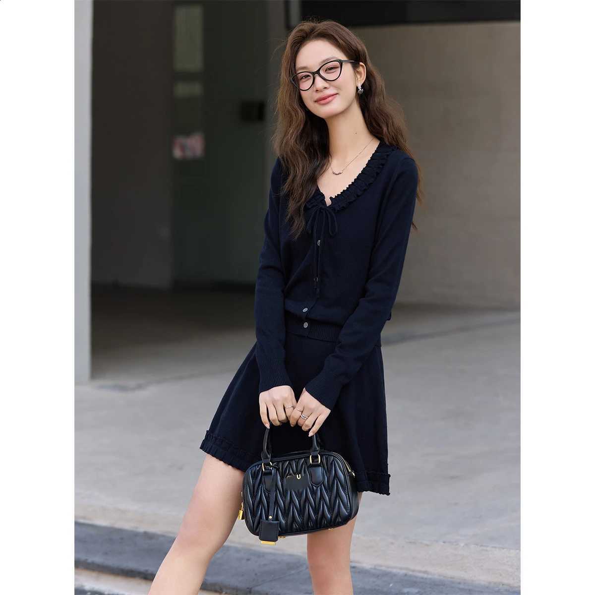 Set Knit Two-Piece VIMLY Women's 2026 Elegant Navy Ruffle Trim Tie Neck Cardigan Mini Skirt Casual Daily Matching Outfit 75317W260915