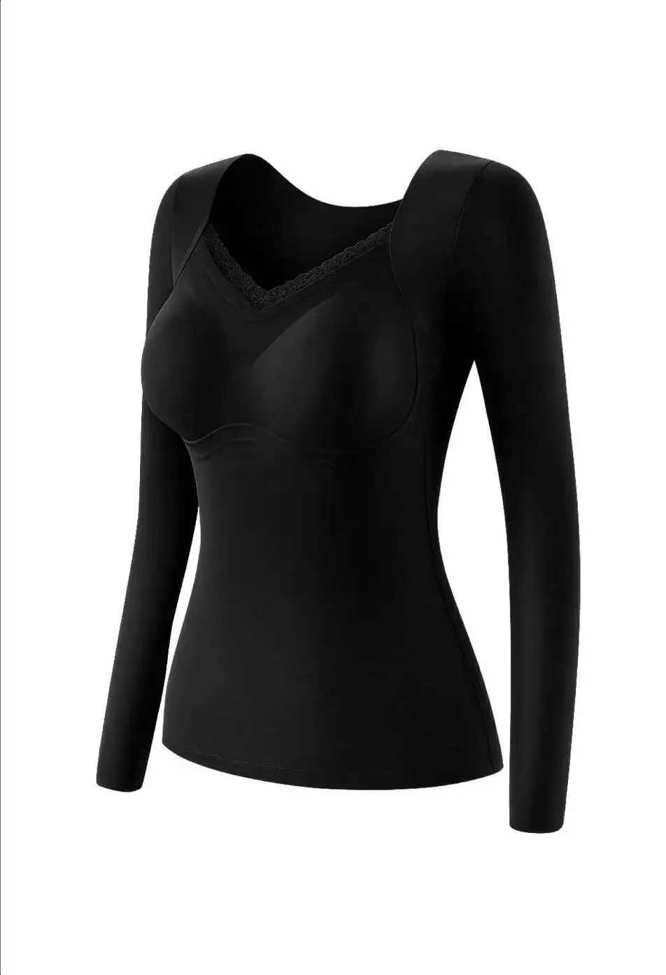 V-Neck Long-Sleeve Top With Built-In Bra Shaping Women's Base Layer Slim-Fit Warm Seamless Support Stretch Shirt H2609161