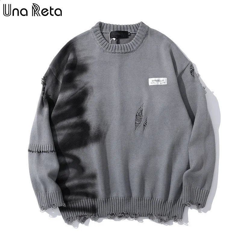 Una Reta Graffiti Sweater Men Autumn Streetwear Men's Clothes Hip Hop Pullover Men Hole Oversize Couple Sweater 260917