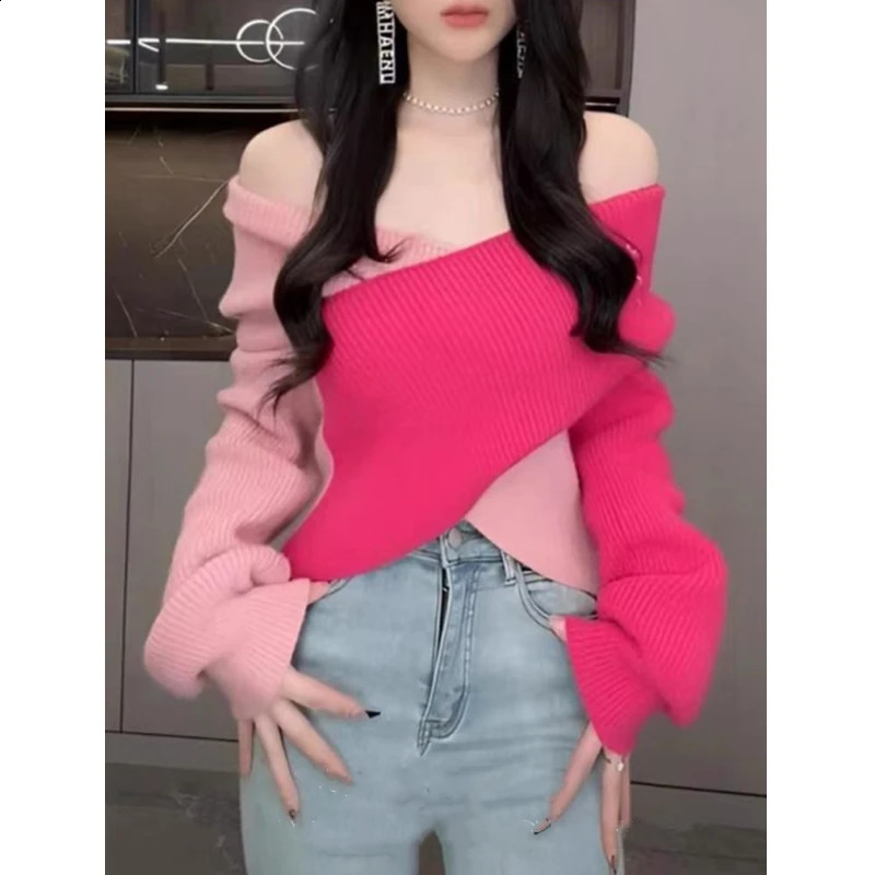 Elegant Off Shoulder Cross V Neck Sweet Sweater Autumn Women Pullover Long Sleeve Short Tops Fashion Casual Knitted Clothes 15 260916