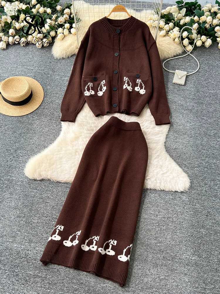 Knitted SINGREINY Cherry Print Vintage Suits Fashion 2025 Women Casual Knit Top+Elastic Long SKirts Retro Thick Sweater SetsW260915