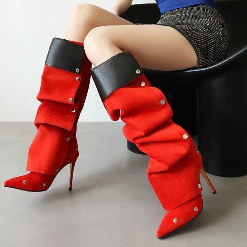Stack Two-Wear Stiletto Tall Pleated Boots Women's Pointed Toe Western fashion High Heels D260917