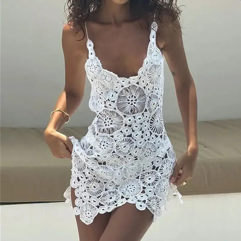 Women Casual Dress Combhasaki Women Summer everyday Boho Knitted Crochet Halter Neck Swimsuit Coverups Vneck Hollow Out Irregular Hem Short Mini Bea