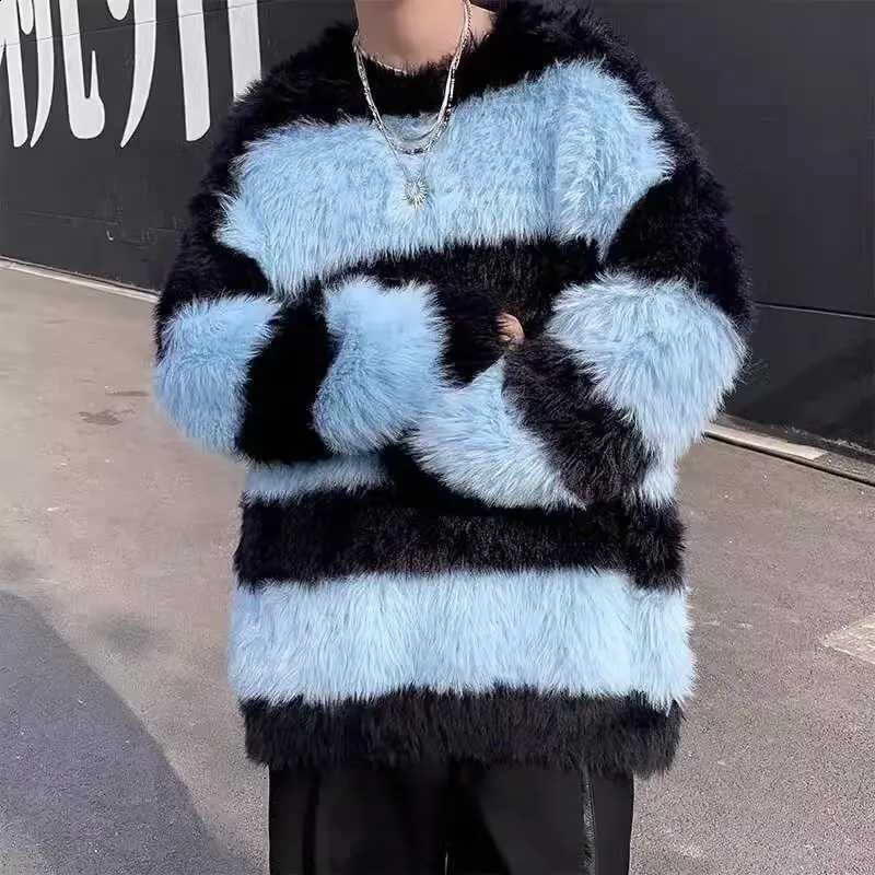 Brand Trendy Retro European Outerwear American Street Colorblock Patchwork Crewneck Sweater Mink-Like High-End Knitwear J260916