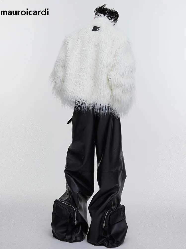 Thick Mauroicardi Winter Short White Warm Shaggy Hairy Soft Faux Mongolian Fur Coat Men Fluffy Jacket 2023 W260915