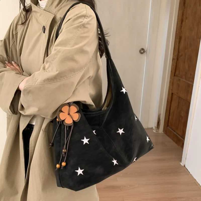 2026 New CEEKAY Black Suede Hobo Bag Vintage Shoulder Bag with Star Embroidery Large Capacity Tote for Women Handbags H260916