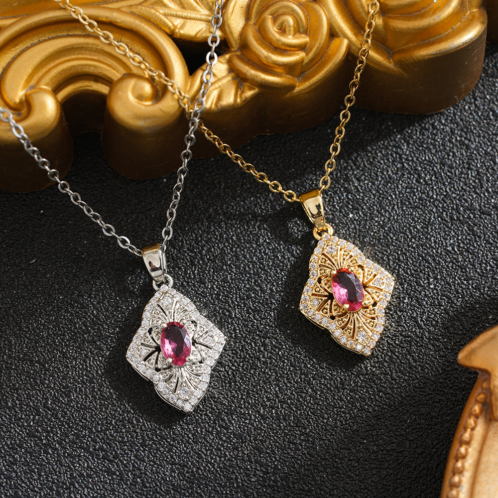 Light luxury, retro-style, square-shaped, heart-shaped, brushed silver, small red sugar cube clavicle chain, opera pendant, wholesale