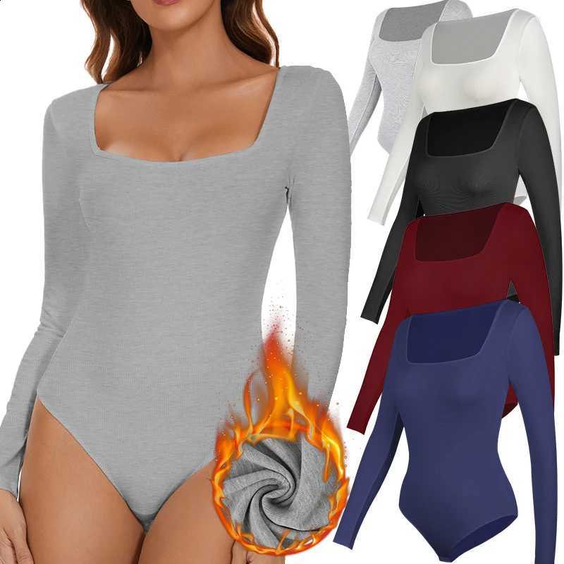 Thermal Underwear Tops Women Sexy Low Cut Square Neck Bodysuits Cotton Fleece Lined Cold Winter Heating Fiber Bottoming Shirt H260916