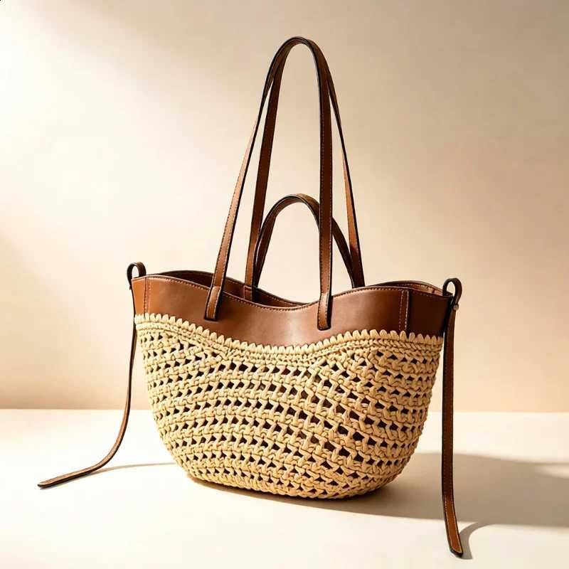 Bohemian Handcrafted Straw Woven Tote Bag Color Block Drawstring Bucket Basket Shoulder Crossbody Beach Vacation Summer H260916